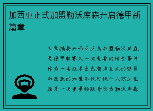 加西亚正式加盟勒沃库森开启德甲新篇章